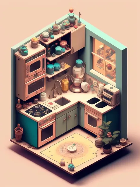 <lora:IsometricCutaway:1>A miniature kitchen, isometric design, multicolour, cartoon style, insane details, pastel colours, many details in the decour, escher style, hyperdetailed