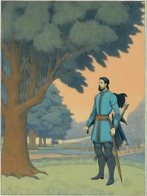 <lora:IvanBilibin:1>an illustration of a man with a sword in his hand and a tree in the background by Ivan Bilibin