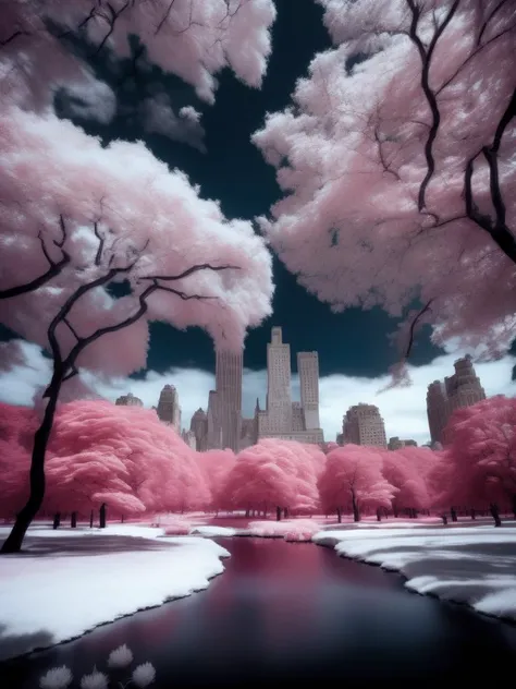 <lora:Infrared:1>Landscape of central park, infrared effect, ultra sharp photography, The image is shot with a Canon EOS 5D Mark IV and Fujifilm Superia X-TRA 400 film.