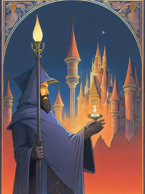 <lora:IvanBilibin:1>an illustration of a wizard holding a lit candle in his hand with a castle in the background by Ivan Bilibin