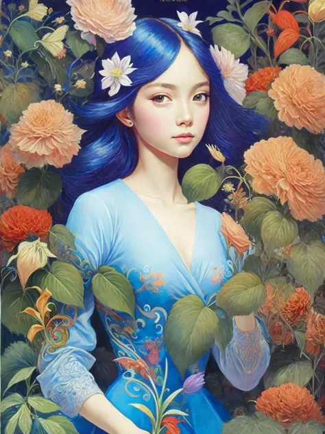 <lora:JamesJean:1>a painting of a young girl surrounded by flowers and vines, with a cigarette in her hand by James Jean