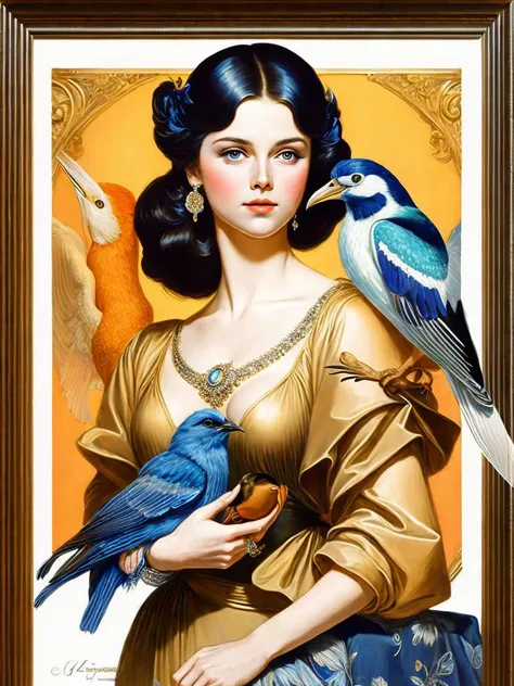 <lora:J.C.Leyendecker:1>a painting of a woman holding a bird in her hand and a bird on her shoulder by J.C. Leyendecker