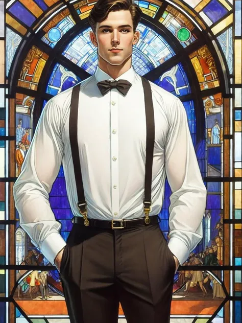 <lora:J.C.Leyendecker:1>a painting of a man in a white shirt and suspenders standing in front of a stained glass window by J.C. Leyendecker