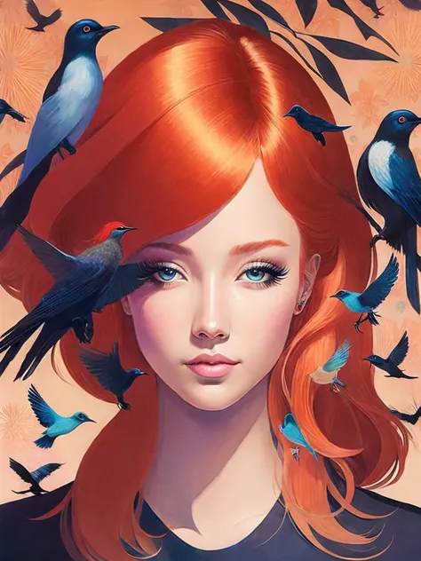 <lora:JamesJean:1>a painting of a woman with red hair and birds on her head and a bird on her shoulder by James Jean