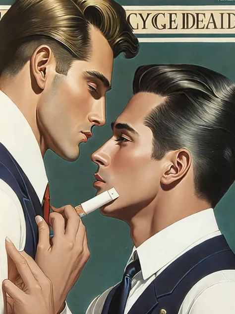 <lora:J.C.Leyendecker:1>a painting of two men touching each other's foreheads, one of them has a cigarette in his mouth and the other has a cigarette in his by J.C. Leyendecker
