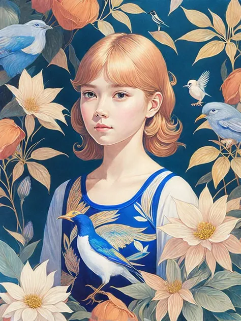 <lora:JamesJean:1>a painting of a young girl surrounded by flowers and leaves, with a bird on her shoulder by James Jean