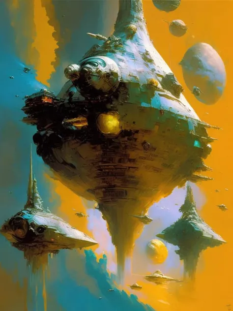 <lora:JohnBerkey:1>by John Berkey large asteroids made of labradorite, asteroid field in background, by John Berkey, detailed