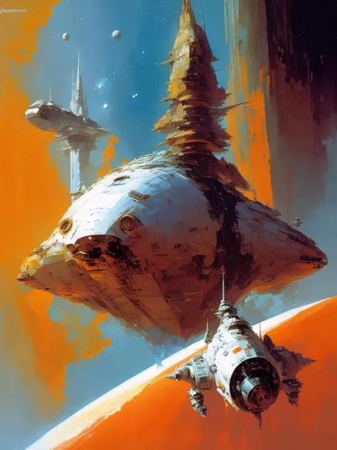 <lora:JohnBerkey:1>by John Berkey colorful space, organic spaceships, fantasy space station, space traffic, celestial bodies, Syd Mead, Frank Frazetta, John Berkey