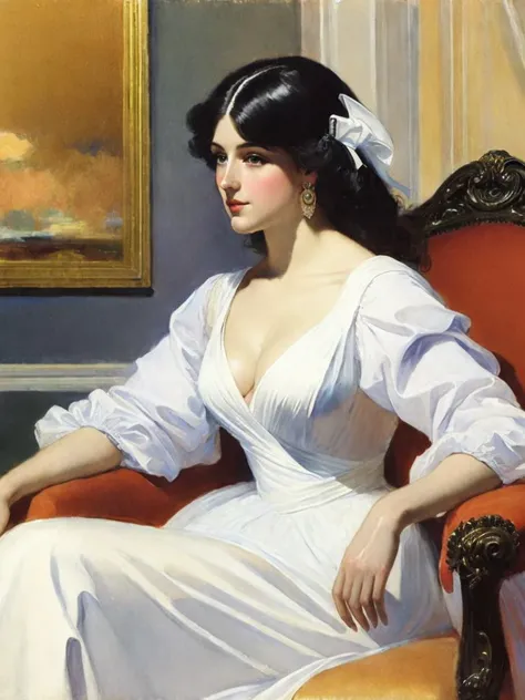 <lora:JohnSingerSargent:1>a painting of a woman in a white dress sitting on a couch with her arm on the back of a chair by John Singer Sargent
