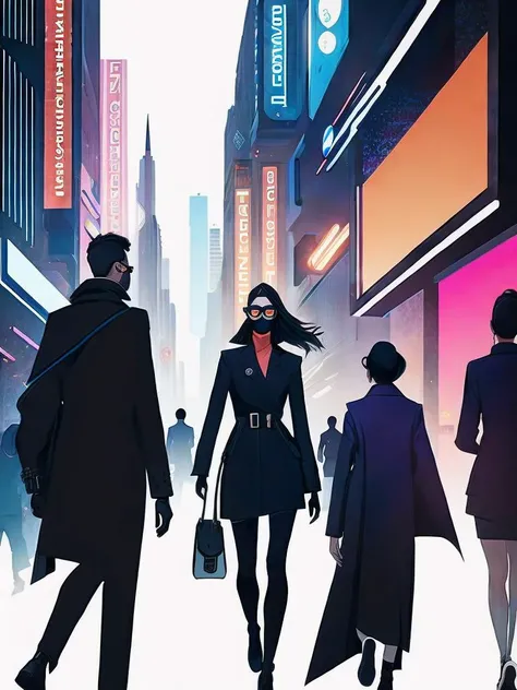<lora:KilianEng:1>an illustration of a woman in a futuristic outfit walking down a street with other people by Kilian Eng