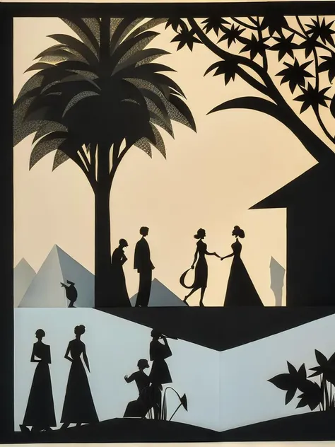 <lora:LotteReiniger:1>a paper cut scene of a group of people on a stage with trees in the background by Lotte Reiniger