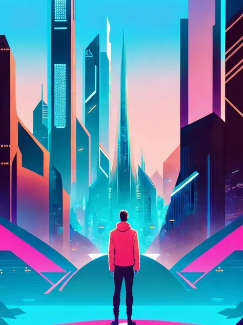 <lora:KilianEng:1>a man standing in front of a futuristic city with a giant building in the background by Kilian Eng