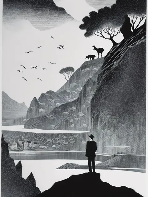 <lora:LotteReiniger:1>a black and white illustration of a man standing on a cliff overlooking a river by Lotte Reiniger
