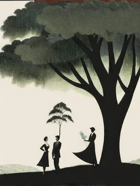 <lora:LotteReiniger:1>a couple of people that are standing in the grass with a tree in the background by Lotte Reiniger