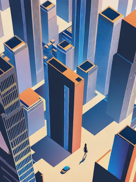 <lora:KilianEng:1>a woman standing in the middle of a city with tall buildings in the background by Kilian Eng