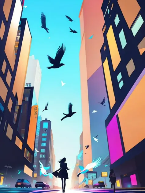 <lora:KilianEng:1>a digital painting of a woman walking down a city street with birds flying around her by Kilian Eng