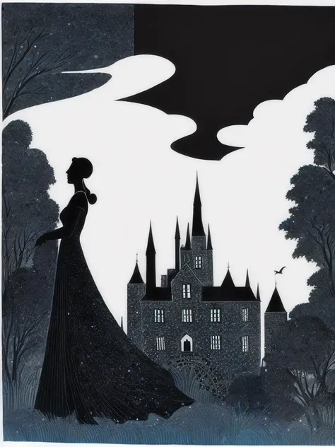 <lora:LotteReiniger:1>a black and white painting of a woman's profile with a castle in the background by Lotte Reiniger
