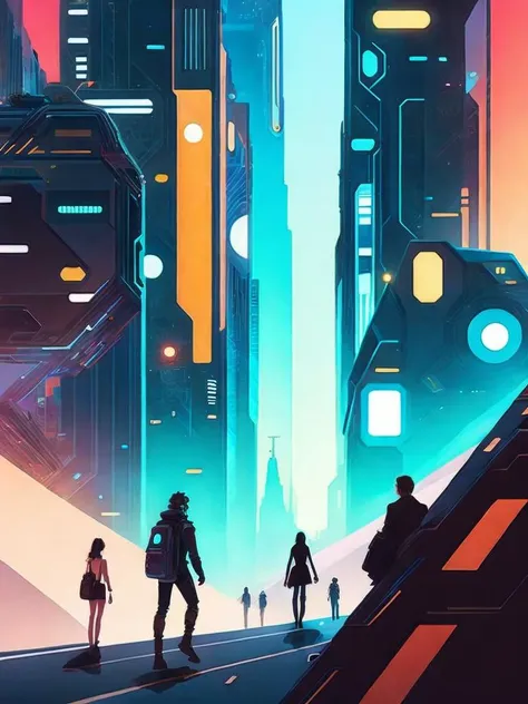<lora:KilianEng:1>a sci - fi city scene with people walking in the foreground and a space ship in the background by Kilian Eng