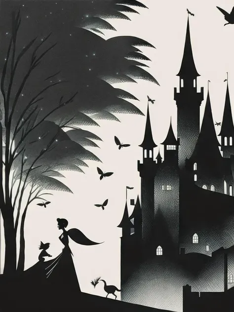 <lora:LotteReiniger:1>a black and white illustration of a fairy tale with a castle in the background by Lotte Reiniger