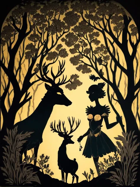 <lora:LotteReiniger:1>a painting of a deer standing in a forest at night with a sunset in the background by Lotte Reiniger