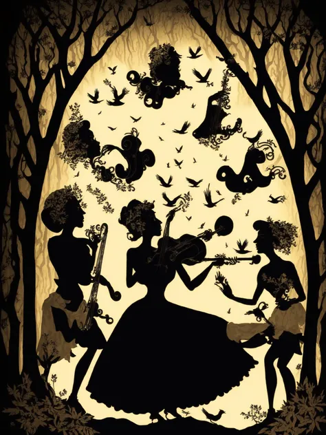 <lora:LotteReiniger:1>a group of people playing musical instruments in a forest with birds flying overhead by Lotte Reiniger