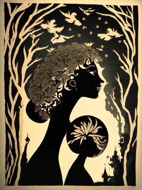 <lora:LotteReiniger:0.8>A black and white painting by Lotte Reiniger of a headless woman holding the silhouette of her head with a castle in the background