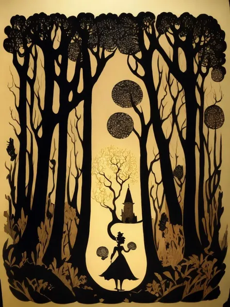<lora:LotteReiniger:0.6>a painting of a person standing in a forest at night with a castle in the background by Lotte Reiniger