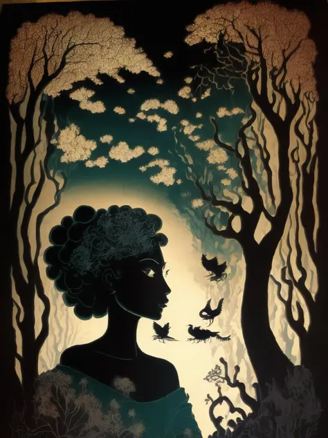 <lora:LotteReiniger:1>a painting of a person standing in a forest at night with a castle in the background by Lotte Reiniger