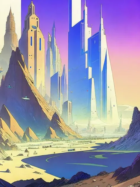<lora:MoebiusJeanGiraud:1>a painting of a futuristic city surrounded by rocks and other things on the ground by Moebius Jean Giraud
