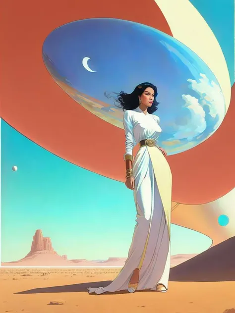<lora:MoebiusJeanGiraud:1>a painting of a woman in a desert with a sky background and a large object in the air by Moebius Jean Giraud