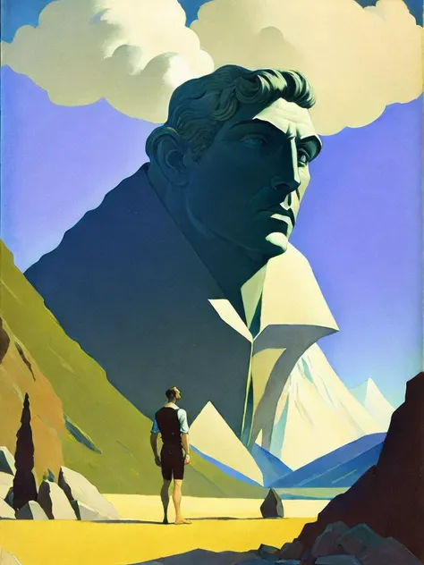 <lora:N.C.Wyeth:1>a painting of a man standing next to a giant head with a mountain in the background by N.C. Wyeth
