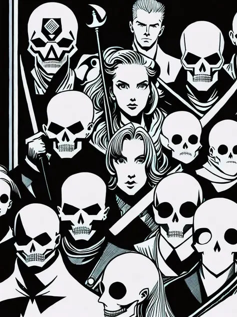 <lora:MikeMignola:1>a black and white illustration of a group of people with swords and skulls in the background by Mike Mignola
