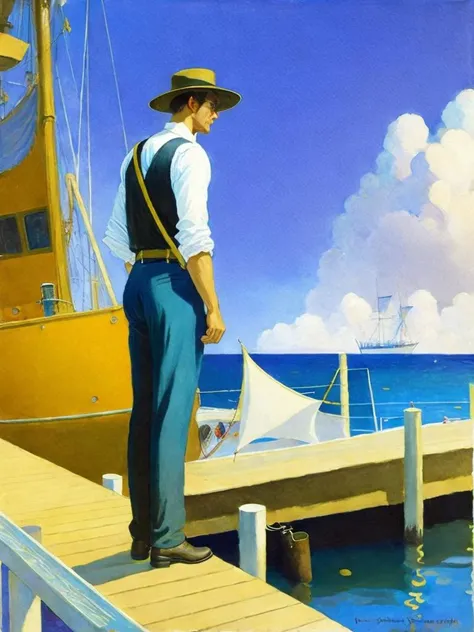 <lora:N.C.Wyeth:1>a painting of a man standing on a dock next to the ocean with a ship in the background by N.C. Wyeth