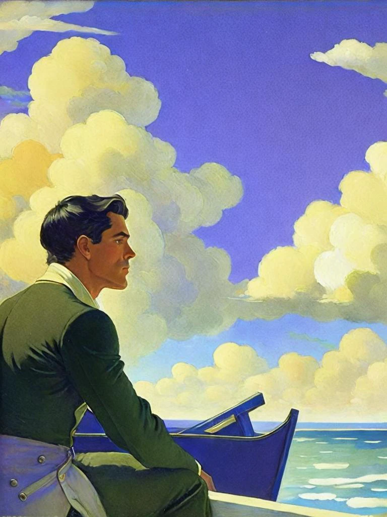 <lora:N.C.Wyeth:1>a painting of a man on a boat looking off into the distance with a sky in the background by N.C. Wyeth