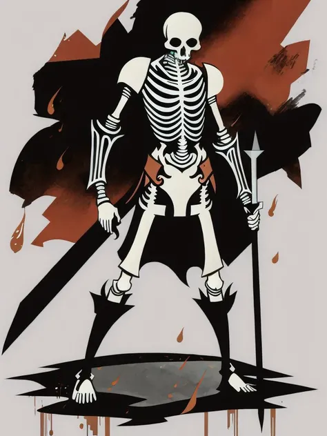<lora:MikeMignola:1><lora:MikeMignola:1>an illustration of a skeleton with a sword in his hand and blood splattered on the ground by Mike Mignola