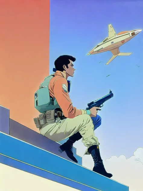 <lora:MoebiusJeanGiraud:1>a man sitting on a ledge with a gun in his hand and a spaceship in the background by Moebius Jean Giraud