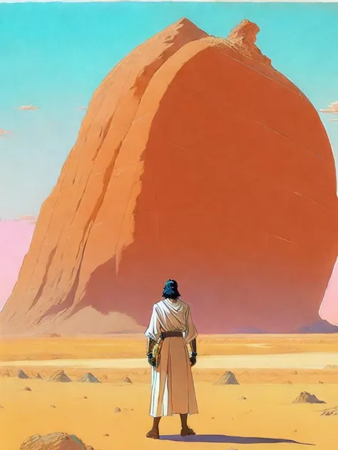 <lora:MoebiusJeanGiraud:1>a painting of a man standing in the desert with a giant rock in the background by Moebius Jean Giraud