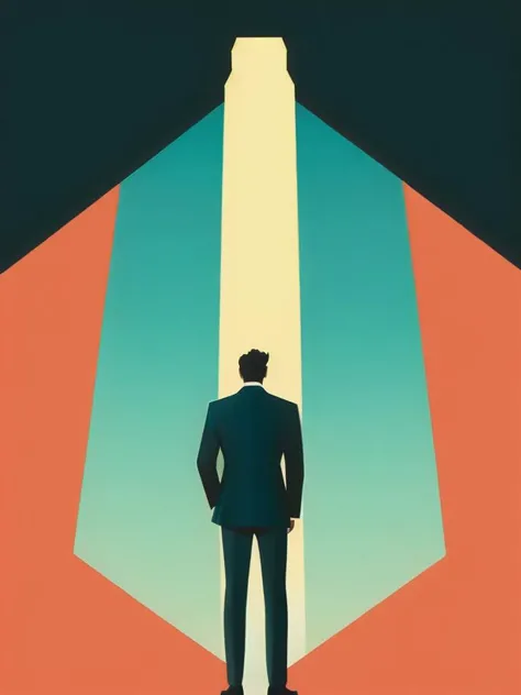<lora:OllyMoss:1>a movie poster with a man in a suit and tie standing in front of a giant man by Olly Moss