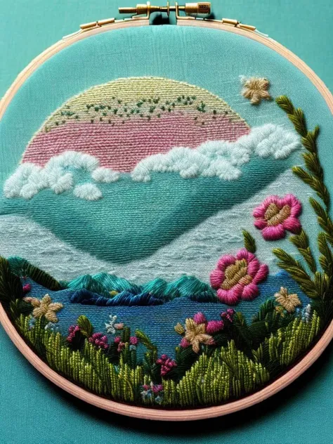 <lora:NEEDLEPOINT:1>NEEDLEPOINT style embroidery art landscape pastel colours sky blue background