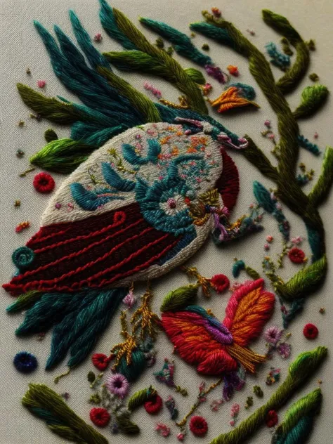 <lora:NEEDLEPOINT:1>NEEDLEPOINT style a hand sewing a embroidery of a surreal fenix being reborn of the ashes