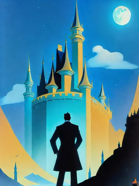 <lora:RalphBakshi:1>a painting of a man standing in front of a castle with a full moon in the background by Ralph Bakshi