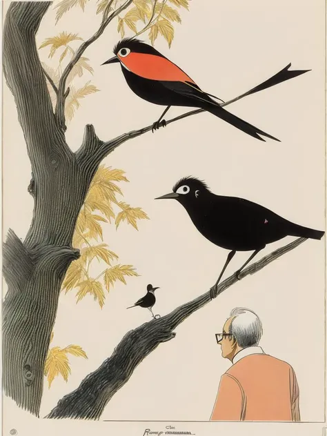 <lora:RalphSteadman:1>a drawing of a bird perched on top of a tree with a man standing next to it by Ralph Steadman