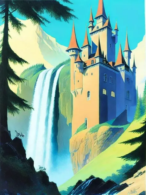 <lora:RalphBakshi:1>a painting of a castle with a waterfall in the foreground and trees in the background by Ralph Bakshi