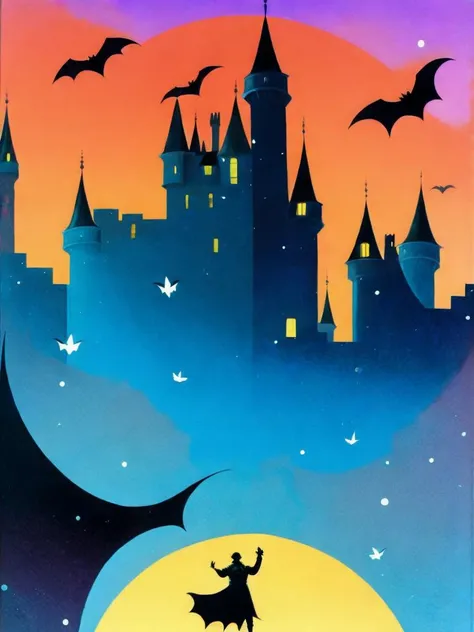 <lora:RalphBakshi:1>a painting of a castle with bats flying over it and a person standing in front of it by Ralph Bakshi