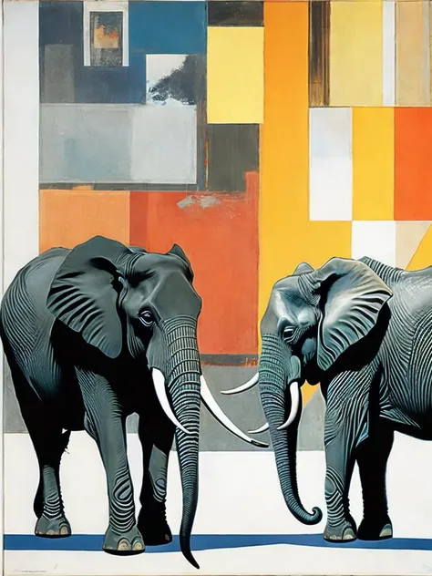 <lora:RobertRauschenberg:1>a painting of two elephants standing next to each other in front of a poster by Robert Rauschenberg