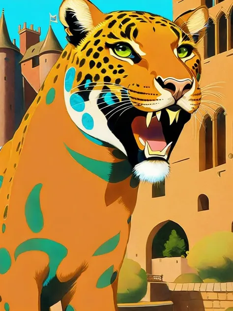 <lora:RalphBakshi:1>a painting of an orange and green leopard with its mouth open in front of a castle by Ralph Bakshi