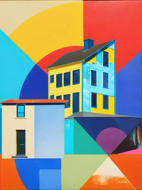 <lora:RobertRauschenberg:1>a painting of a house with a color wheel in the background and a color wheel in the foreground by Robert Rauschenberg