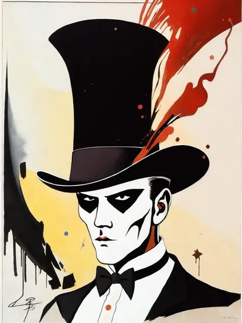 <lora:RalphSteadman:1>a painting of a man in a top hat and a top hat with blood coming out of it by Ralph Steadman