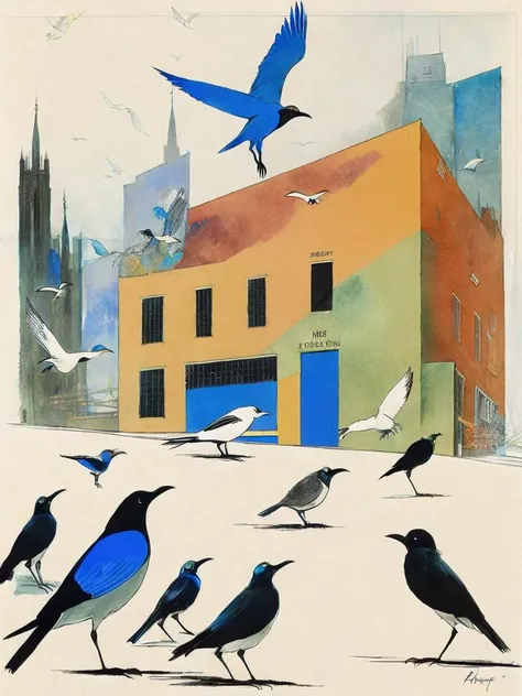 <lora:RalphSteadman:1>a painting of a group of birds standing in front of a building with a bird flying over it by Ralph Steadman