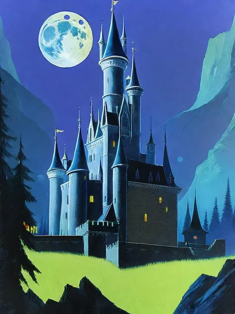 <lora:RalphBakshi:1>a painting of a castle in the middle of the ht with a full moon in the background by Ralph Bakshi